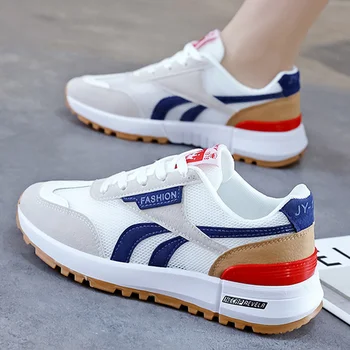 Couple Walking Shoes Womens Casual  All Seasons Sport Shoes Leather Mesh Soft Flat Patchwork Stripe Sneakers 1