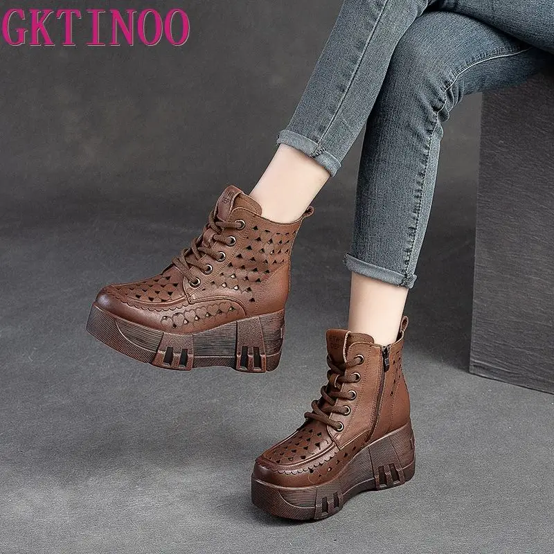 

GKTINOO 7cm Breathable Summer Hollow Women Ladies Moccasins Zipper Soft Fashion Sandals Shoes Women Genuine Leather Ankle Boots