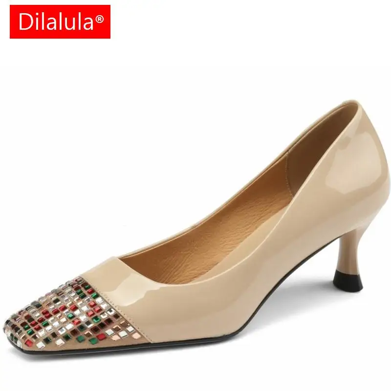 

Dilalula Plus Size Genuine Leather Mixed Color Office Pumps Ladies Shoes Woman Shallow Thin High Heels Crystal Pumps Female 2023