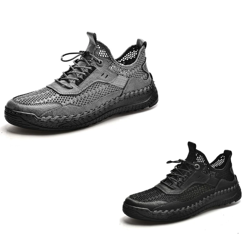 

2023 new handmade leather shoes men's fashion casual sneakers slip-on hollow breathable outdoor casual mesh shoes