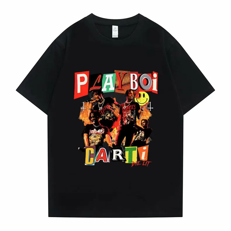

Rap Playboi Carti Portrait Graphic Aesthetics T Shirt Short Sleeve Men Women Hip Hop Cotton T-shirt Men's Oversized Streetwear