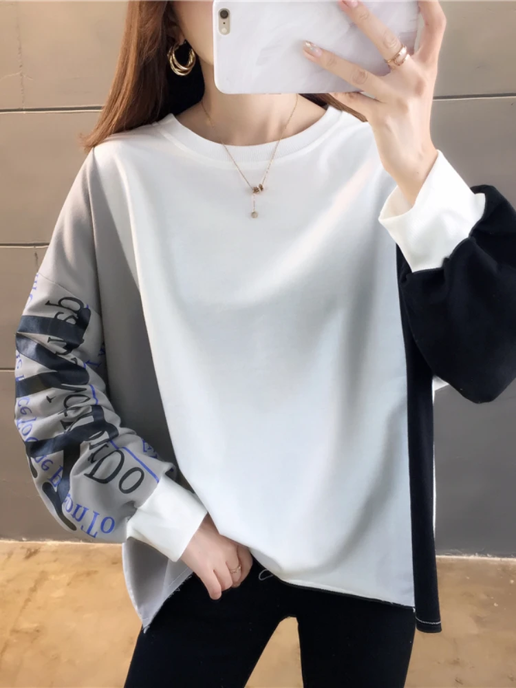 

Sweatshirts Ladies Tops Fashion Spring Autumn Crew Neck Pullover Loose Long Sleeves Splicing Letters Regular Tenafeicc