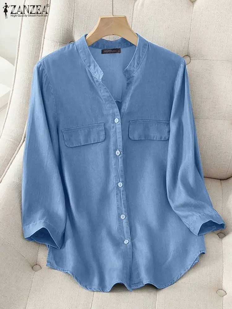 

Vintage Denim Blue Women Shirts 2022 ZANZEA Female V-Neck 3/4 Sleeve Tops Tunic Casual Lady Solid OL Loose Soft Blouse Oversize