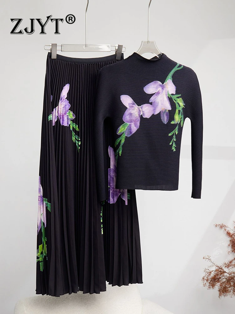 

ZJYT Autumn Floral Print Dress Sets 2 Piece for Women Black Midi Pleated Skirt Top Suit Outfit Holiday Conjuntos De Vestidos