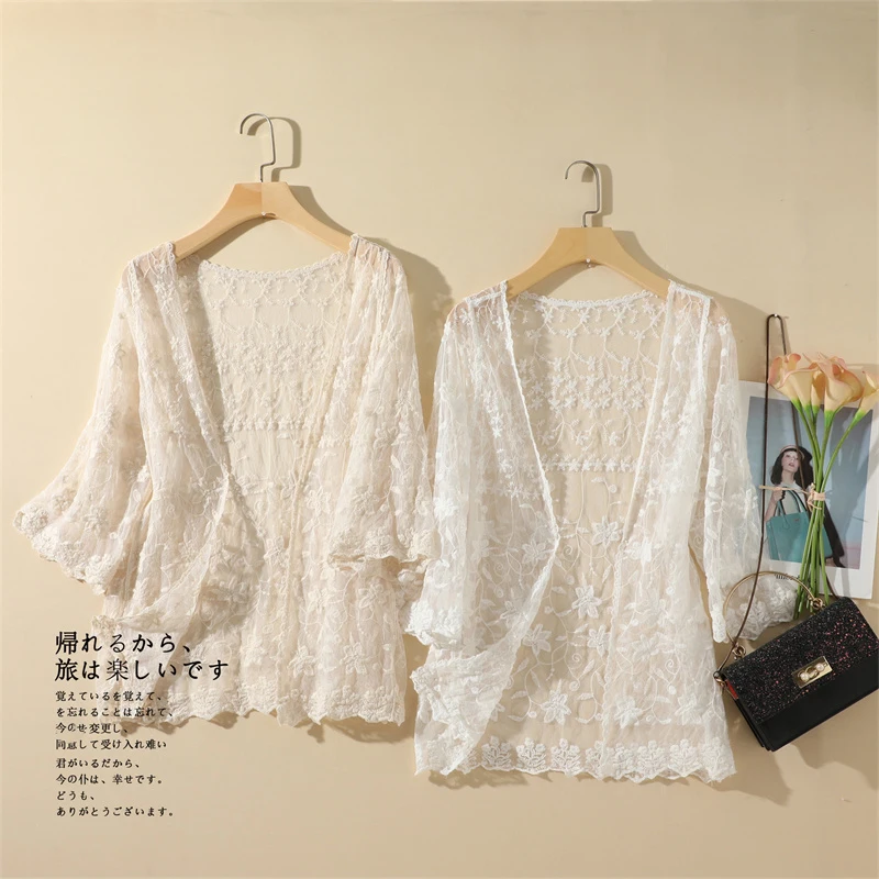 

OUMEA Women Crochet Lace Cardigan Summer Floral Embroidery Sheer Mesh Retro Beach Cover Up Hollow Out Sweet Casual Cardigan