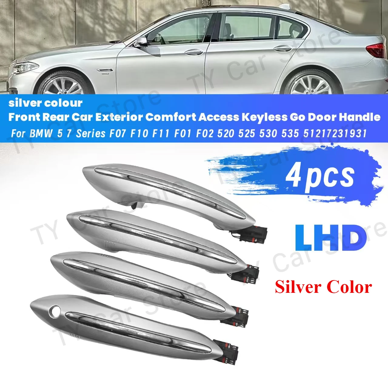 

4 шт. внешняя дверная ручка с левым рулем, комфортный доступ, без ключа, передняя и задняя часть для BMW 5 7 серии F07 F10 F11 520 525 530 535 серебристого цвета