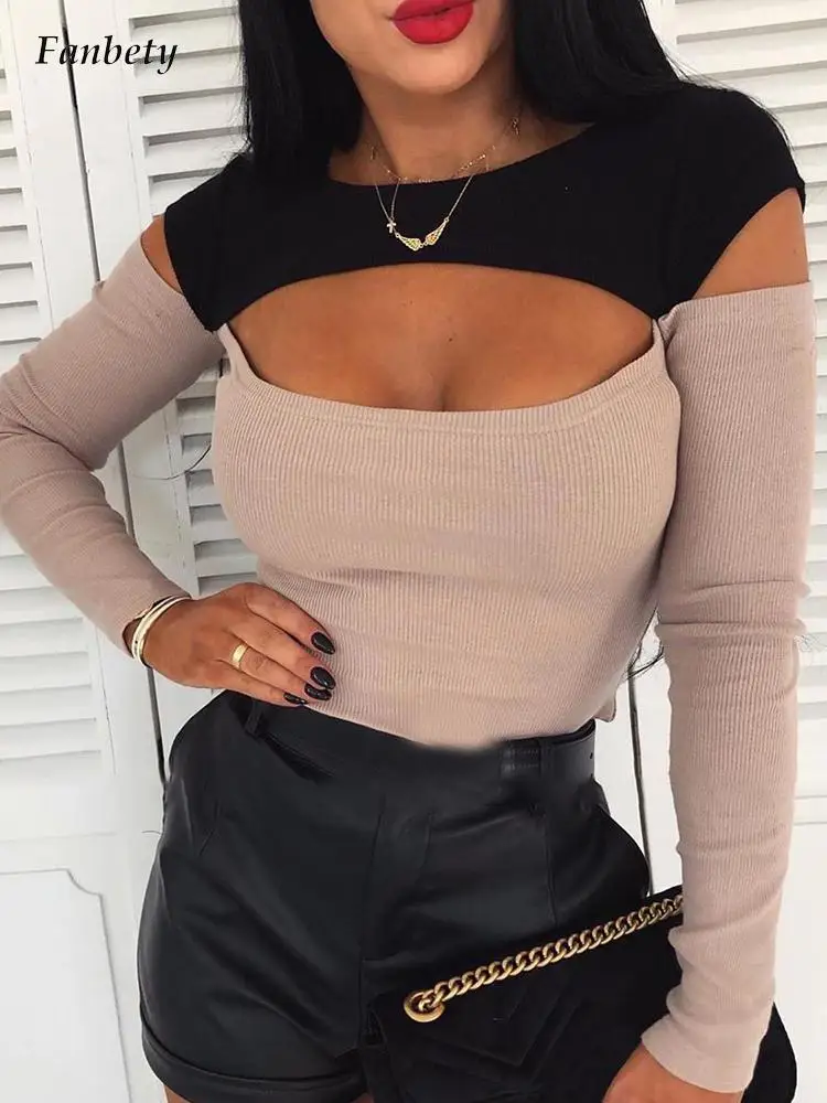 

Fashion Sexy Cutout Slim Fit Stretch Tops Women Elegant O-Neck Colorblock Long Sleeve Shirt Pullover Chic All-match Female Blusa