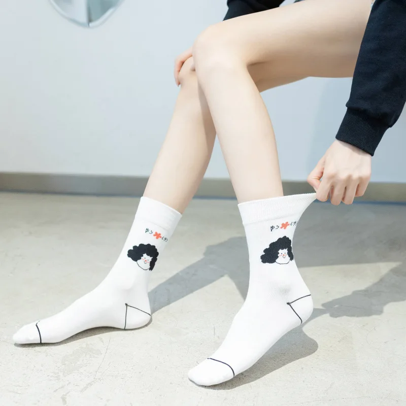

Cratoon Print Long Socks for Women Ins Tube Ins Tide Brand Cartoon Illustration Black and White Human Head High Tube Stocking