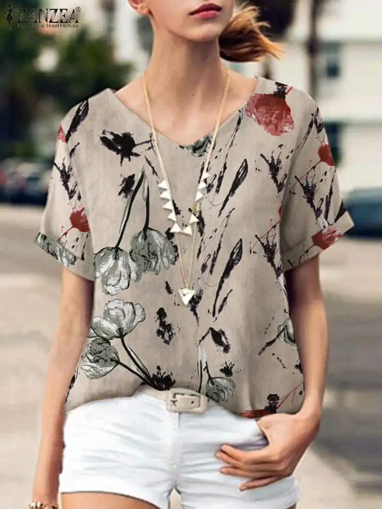 

ZANZEA Femme Stylish Elegant Casual Holiday Loose Shirt Women Summer Floral Printed Blouse Cotton Short Sleeve V-Neck Tops 2022