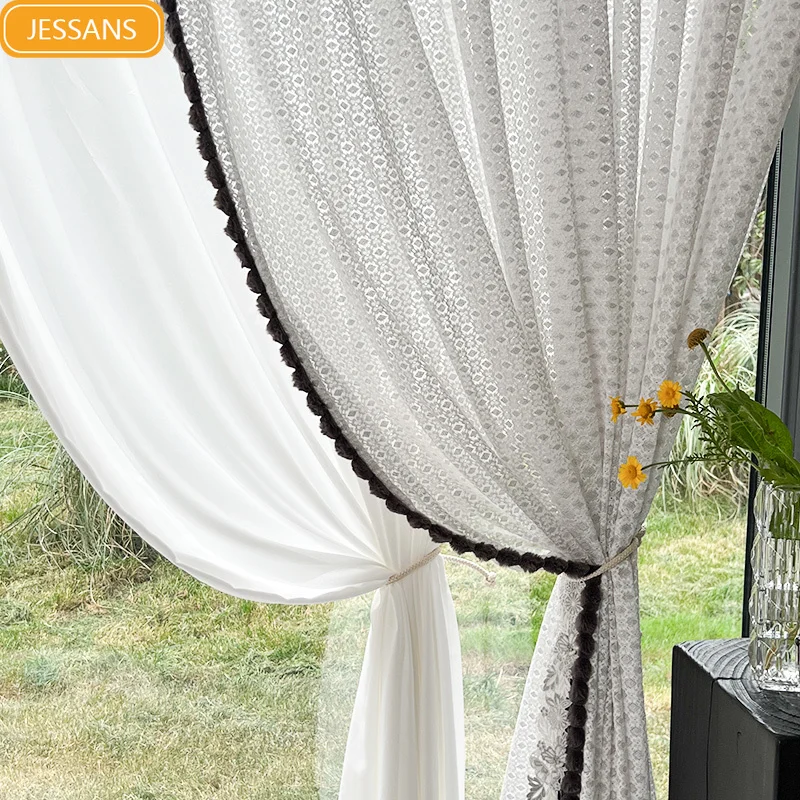 

Lace White Yarn Lace Embroidery Window Screen Curtains for Living Room Balcony Floor Screen Partition Curtain Customization