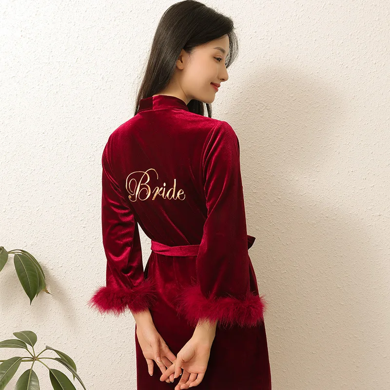 

Velour Bride Bridesmaid Wedding Robe Autumn New Feather Sleeve Sleepwear Nightgown Intimate Lingerie Women Casual Home Clothing