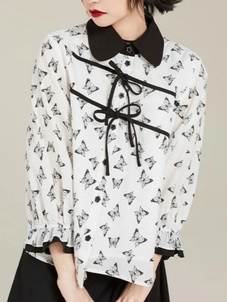 

MINGLIUSILI Butterfly Print Shirts for Women Korean Fashion Sprint Button Up Shirt Long Sleeve Casual Oversize Blouses Femme