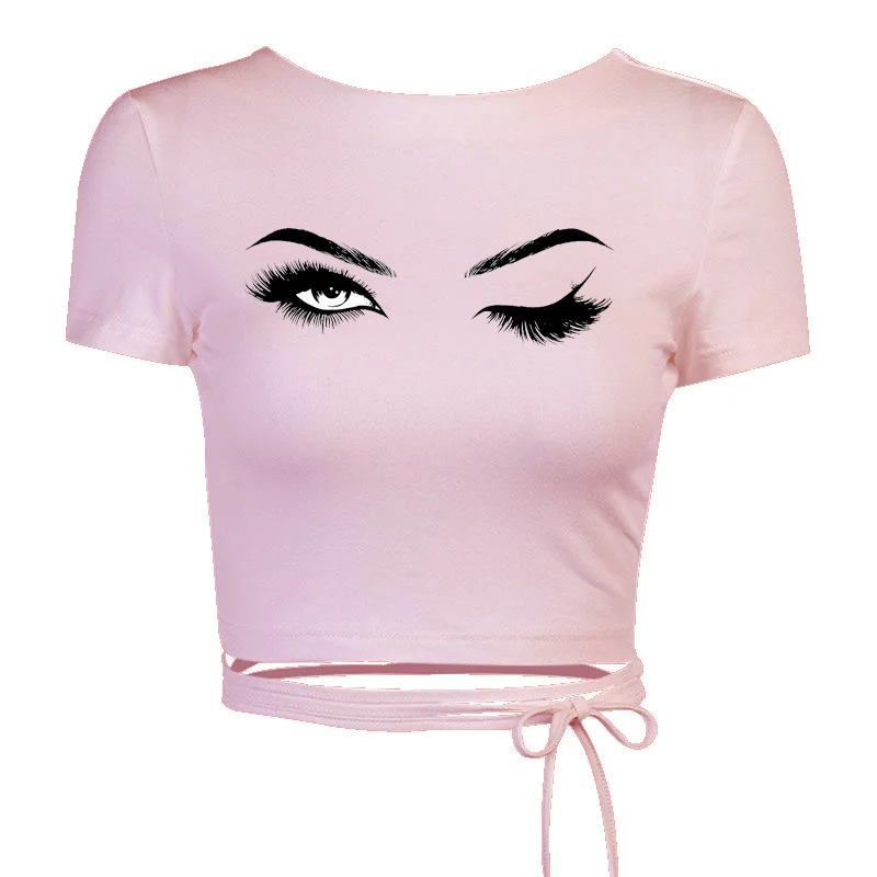 

Женская футболка с принтом ресниц, облегающий короткий укороченный топ, уличная одежда, женская футболка с открытой спиной, модная пляжная ...