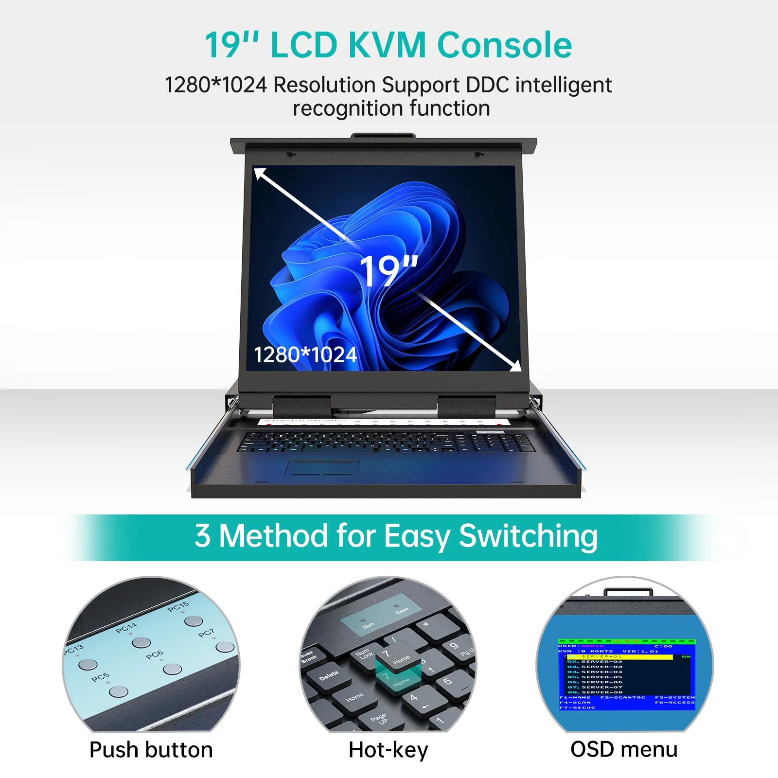 Фото 19-дюймовый KVM-переключатель VGA LCD, 16 портов + 16 кабелей, 16 входов, 1 выход, 1U, стойка для консоли KVM, ЖК-переключатель KVM №2