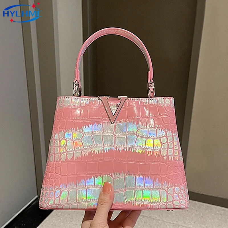 

Genuine Leather Crocodile Pattern Women Handbags Small Tote Bag 2023 Lady Barbie Pink Portable Shoulder Messenger Bags For Women