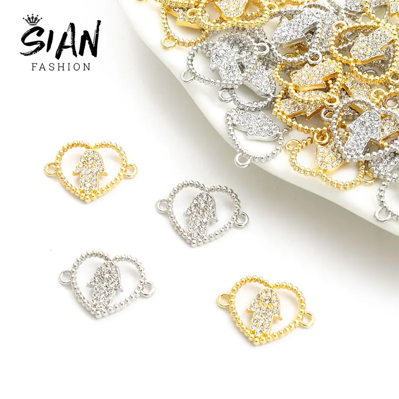 

10pcs Hollow Crystal Heart Connectors Fatima Hamsa Hand Charms DIY Bracelet Necklace Pendants Fit Handmade Accessories Crafts