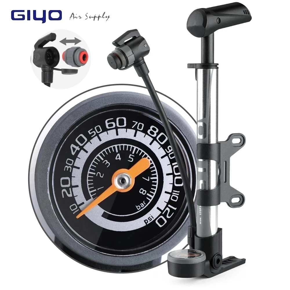 

Напольный велосипедный насос Giyo 120PSI, Presta Schrader с двойным клапаном, компактный портативный насос для накачки шин для горных и дорожных велоси...