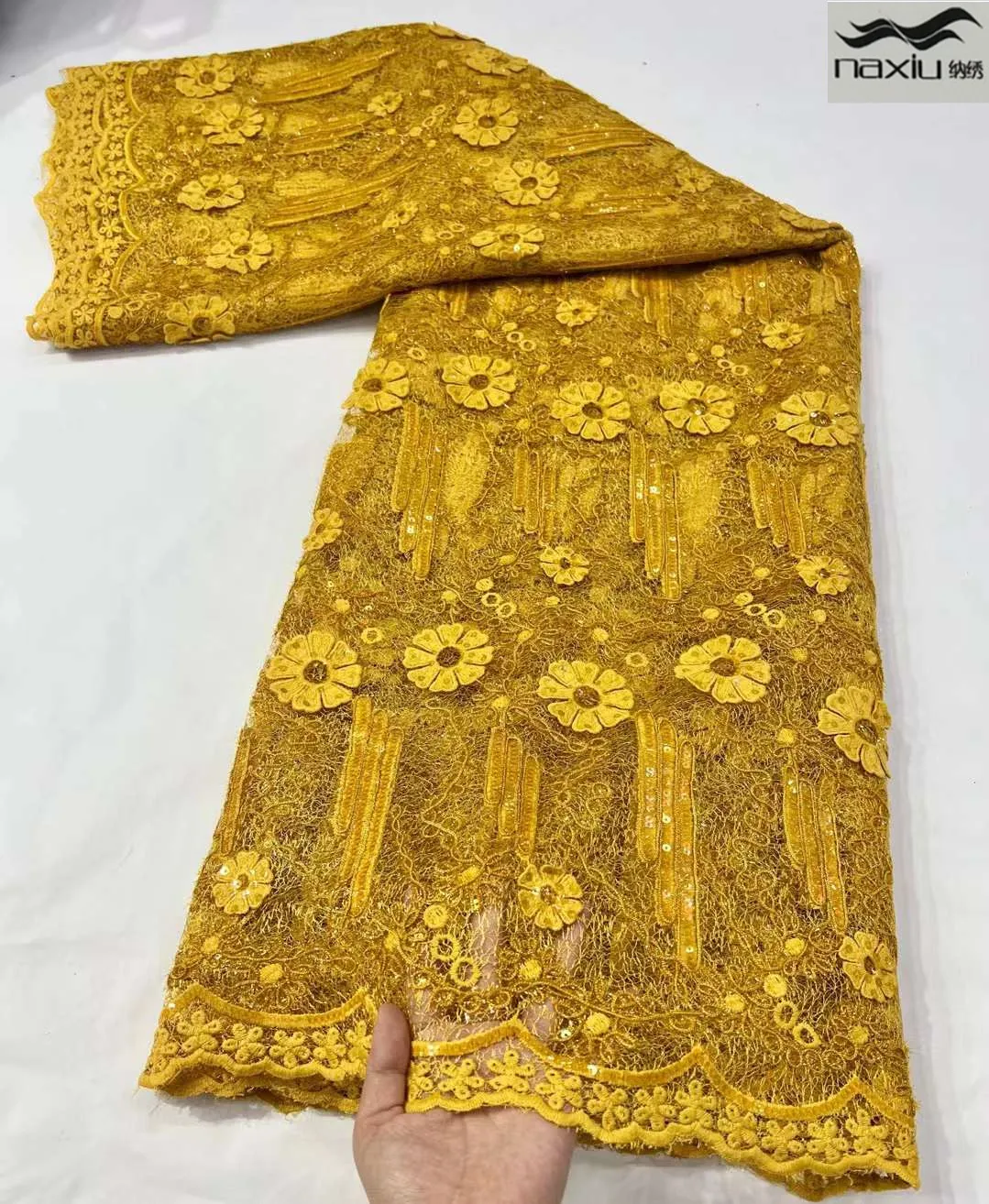 

Madison Gold 5Yards Milk Silk Cord Lace Fabric African Water Soluble Lace Fabric Embroidery Sequins Cotton Mesh Lace Fabric