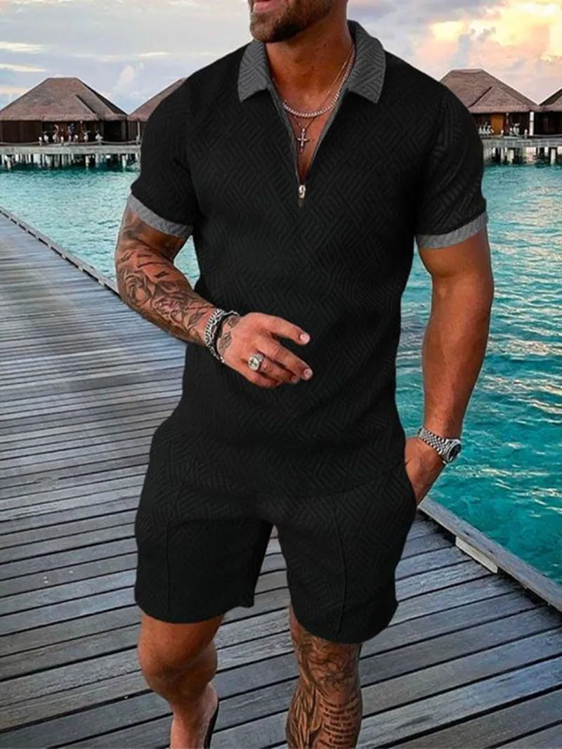 2022 Men's Fashion and Comfortable New  Digital Origin Casual Contrast Color Zipper Lapel POLO Shirt Short Sleeve + Shorts Suit