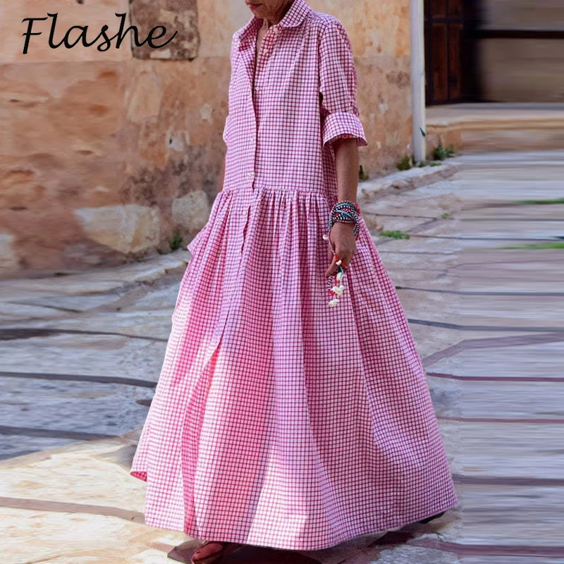 Осеннее женское платье с отложным воротником клетчатые свободные макси платья