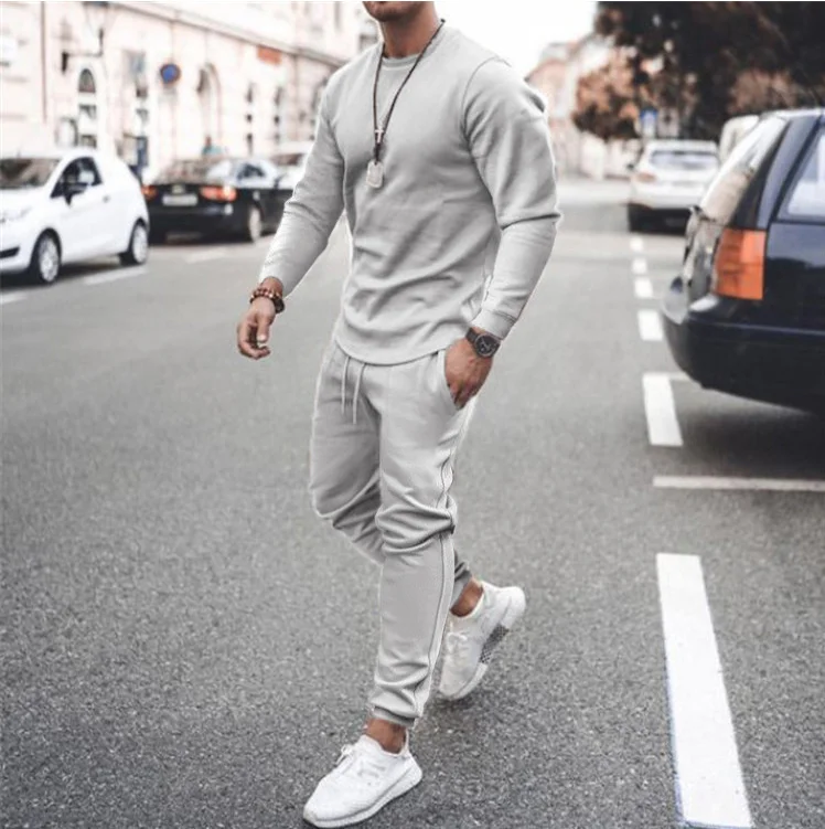 

2021 Autumn Fashion Sportswear Men's Set Solid Casual Sports Suits Male Sweatsuit Long Sleeves O-Neck Tshirt +Pants 2 piece sets