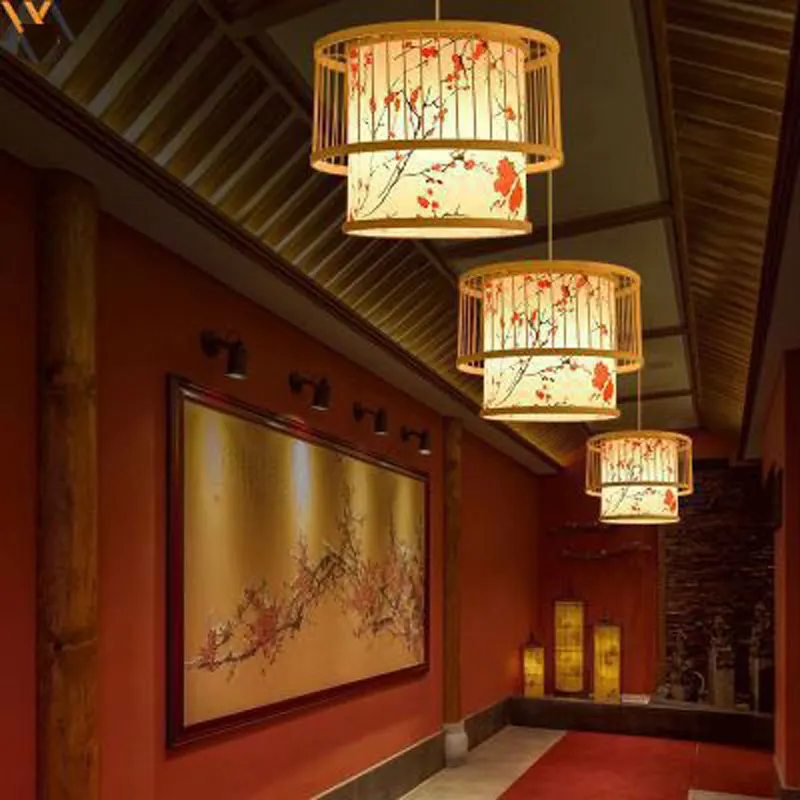Real Bamboo rattan chandeliers pastoral creative restaurant lighting tea room personality decorative lights luminaria