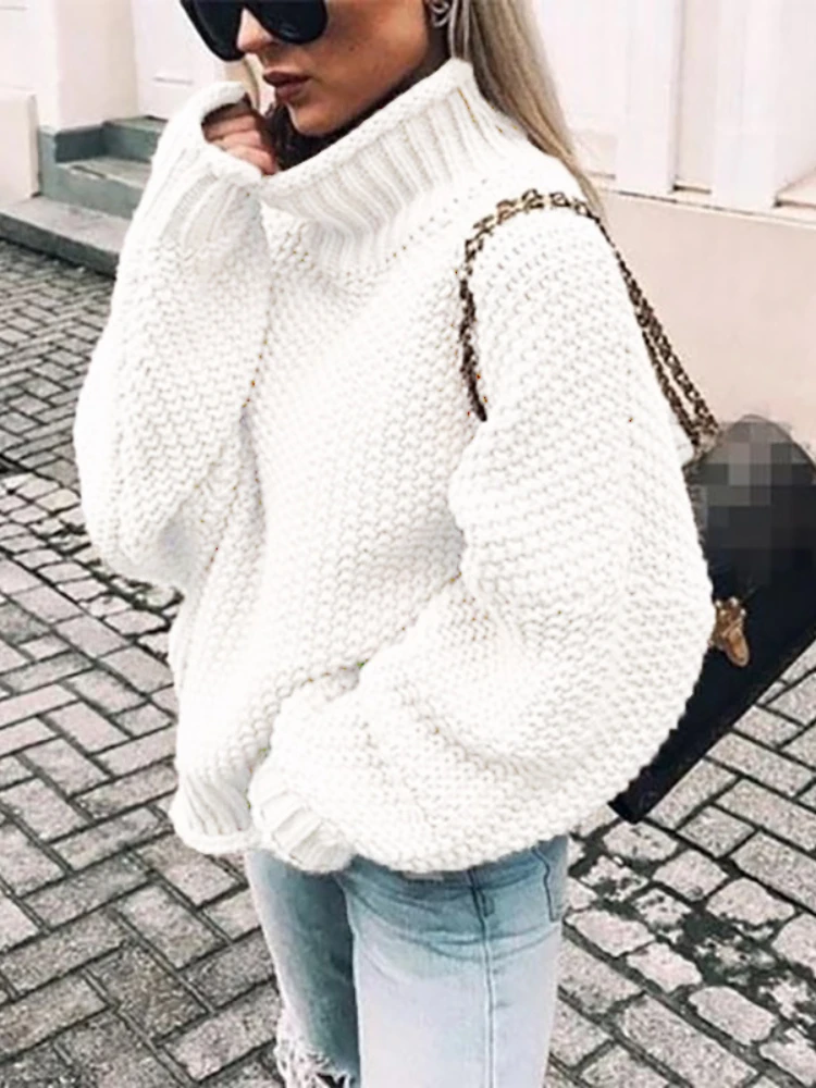 

Fashion Casual Turtleneck Ribbed Knitted Sweaters Female Batwing Sleeve Pullover Sweater Basic Oversized Solid Knitwear Jumper