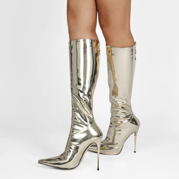 

Sexy Shiny Knee High Boots For Women Color High Heels Pointed Toe Zip Long Boots Botas Femininas Ladies Dress Party Shoes