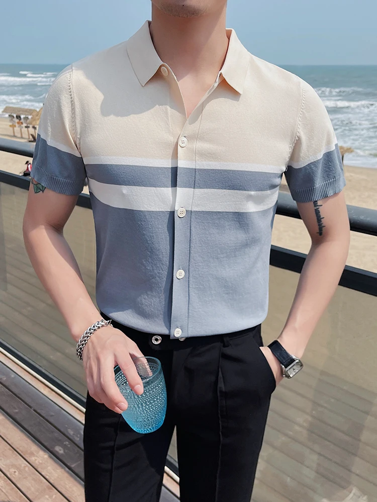 

Ice Silk Men Patchwork Breathe Cool Tops Male Fashion Clothing 2023 Work Wear Knitted Casual Polo Shirts Comfort Slim Fit H82