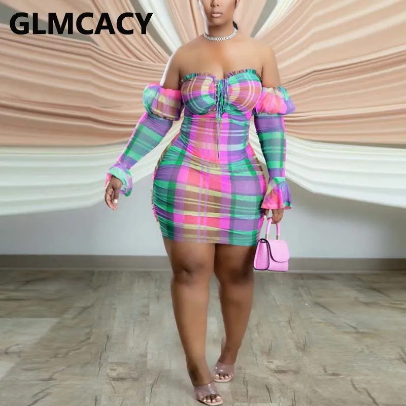 

Women Flare Sleeve Off Shoulder Pliad Mesh Mini Dress