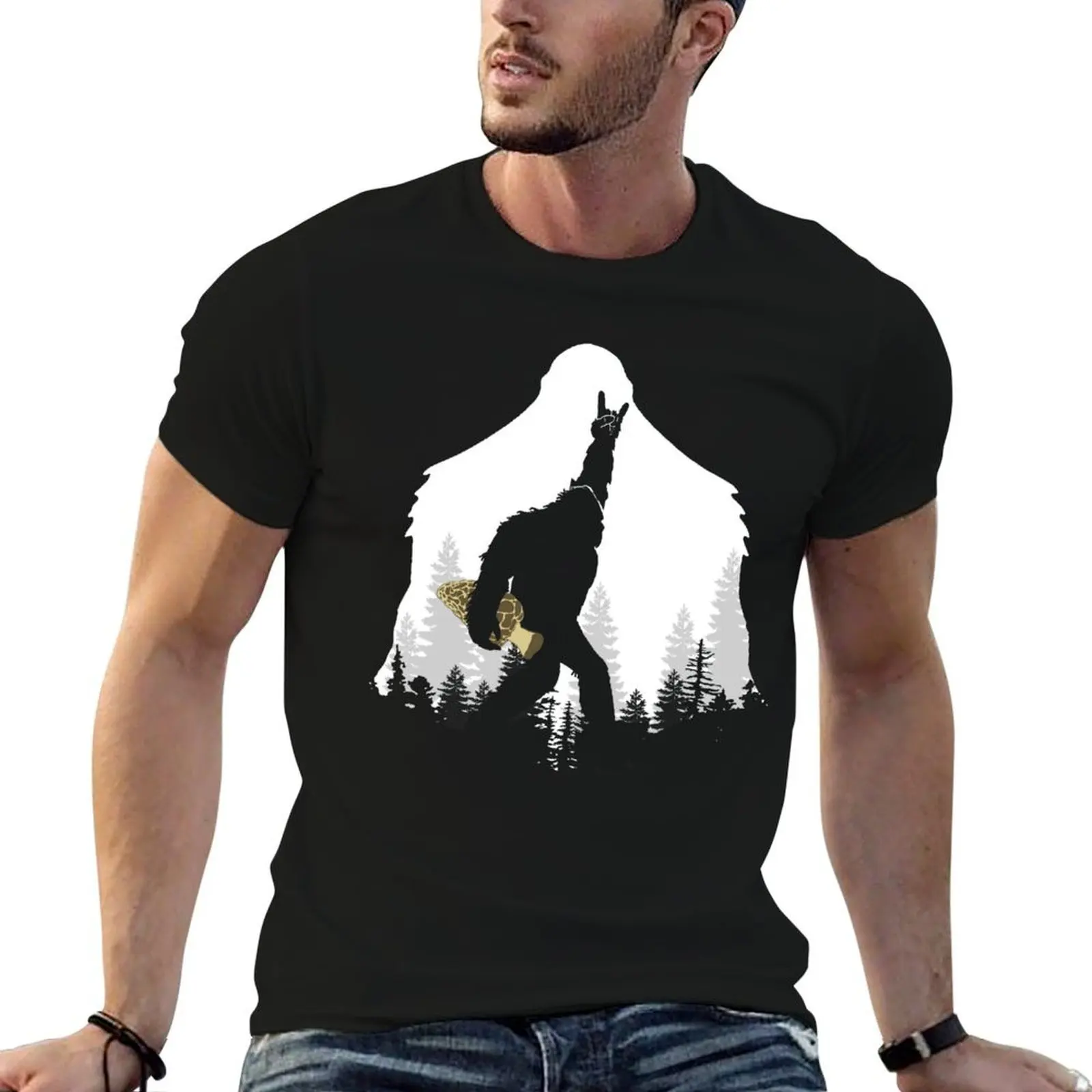 Фото Футболка Bigfoot With Morel Mushroom Hunting, мужская хлопковая мужская футболка с рисунком, мужские футболки для мужчин, футболка №1