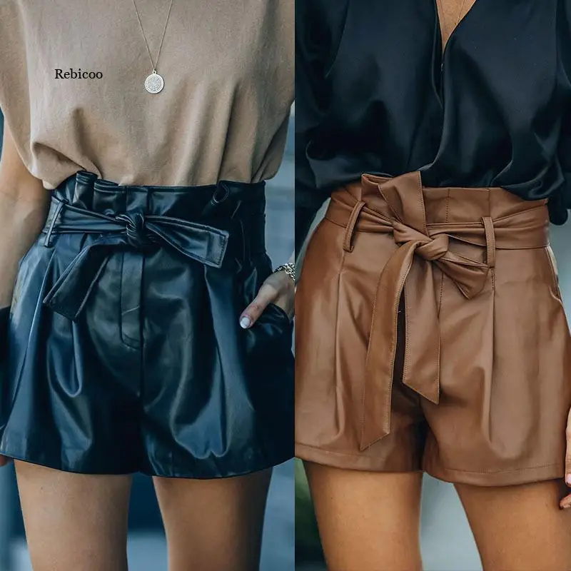 

New PU Leather Shorts Women Shorts All-match Sashes Wide Leg Short Ladies Sexy Leather Shorts Autumn Winter