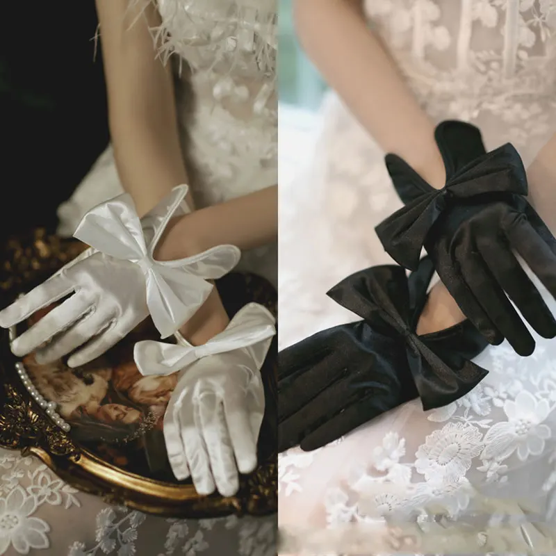 

Винтажные короткие перчатки с бантом и закрытыми пальцами, Женские Элегантные Перчатки, Женские однотонные черные, белые варежки, мягкие ат...