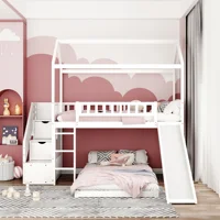 Home Modern Minimalist Wooden Bedroom Furniture Beds Frames Bases Twin Bunk Bed Two Drawers And Slide House Bed With Slide White