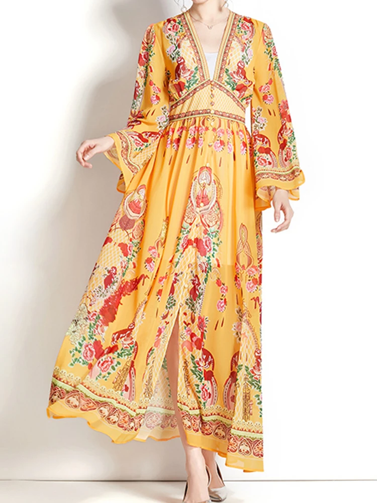 

Elegant V-Neck Dress Flare Sleeve Printed Chiffon Dress 2023 New Fashion Women'S Clothing