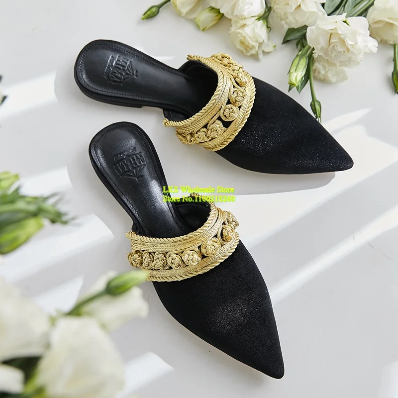 

Women Black Pointed Toe Slip on Flat Mules Golden Weave Decor Slippers Elegant Casual Flats Comfort Female Shoes Size 34-43 New