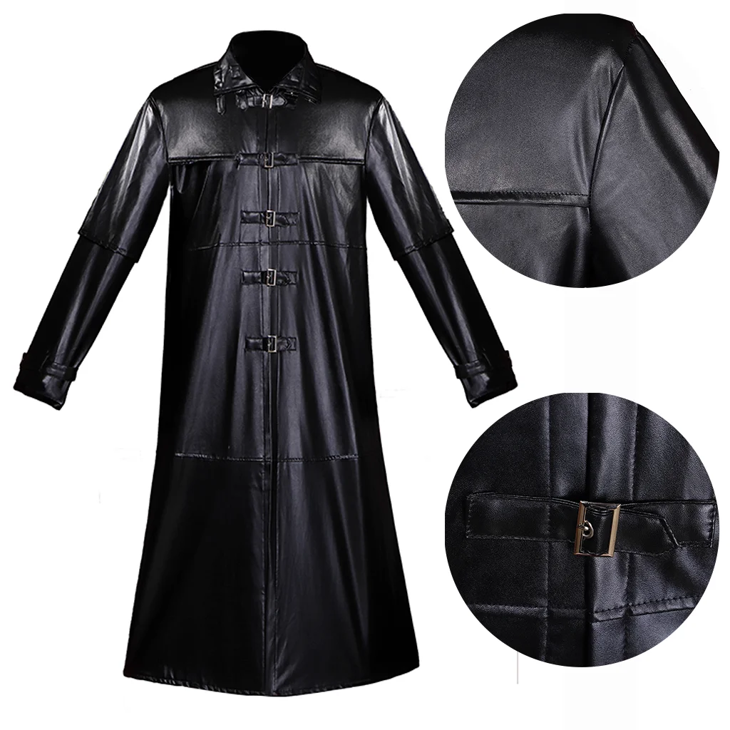 Популярная мужская однотонная плотная черная длинная кожаная куртка с лацканами