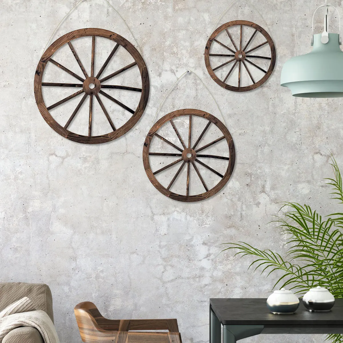 

3 pcs Wooden Wagon Wheel Wall Decor with Triangular Hook Rustic Farmhouse Wagon Wheel Wall Art Vintage Hanging Decorative