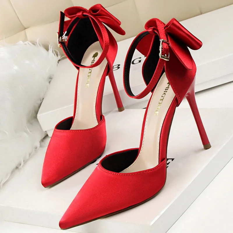 

BIGTREE Shoes Bow Woman Pumps Satin High Heels Women Stilettos Shoes Red Wedding Brides Shoes Women Heels 10 Cm Sandals Women