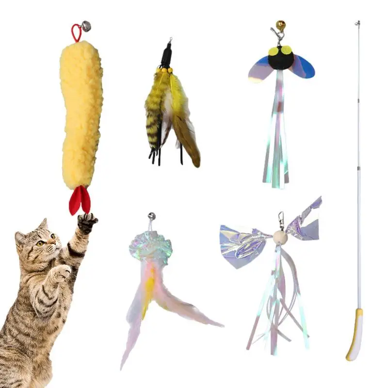 

6PCS Feather Cat Toy Retractable Feather Bell Toy Interactive Catcher Toy With Replacement Teaser Kitten Wand Fluffy Feather Toy