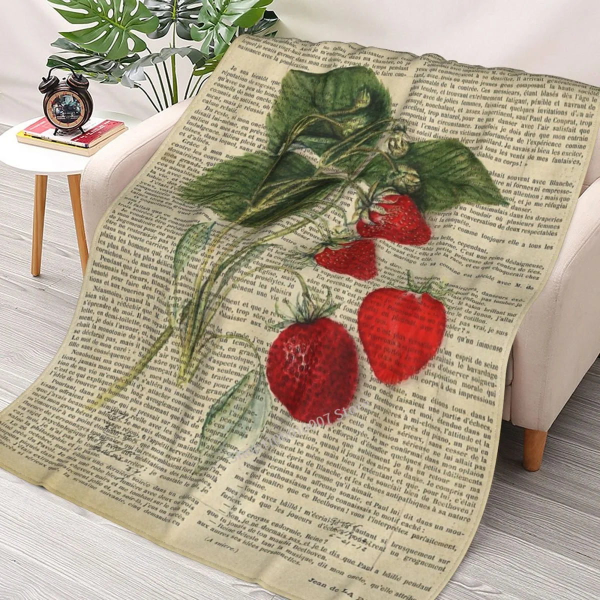 

Botanical Print, On Old Book Page - Strawberry Throw Blanket 3D printed sofa bedroom decorative blanket children adult Christmas