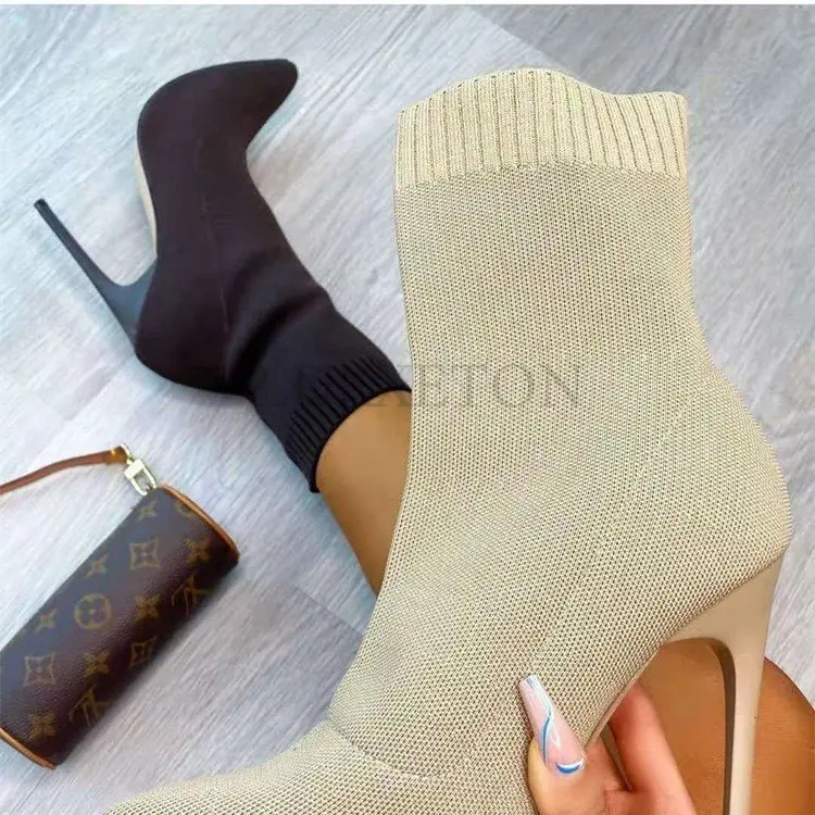 women Western Sexy Sock Boots Knitting Stretch  High Heels For Women Fashion Shoes Spring Autumn Ankle  Booties Female