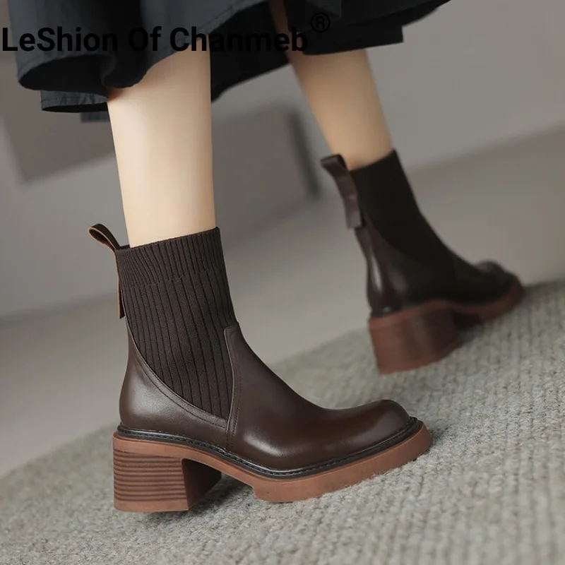 

Женские сапоги LeShion из натуральной кожи Chanmeb, сапоги Челси на высоком массивном каблуке, зимние женские сапоги из шерстяного материала с круглым носком
