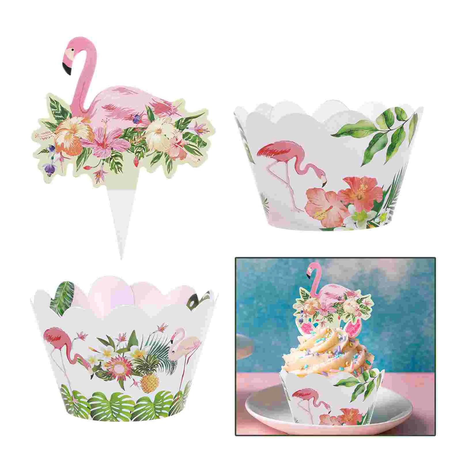 

24 Pcs Flamingo Cake Toppers Spring Cupcake Wrapper Hawaiian Liners Baby Decor Birthday Candy Wrappers Shower Tropical