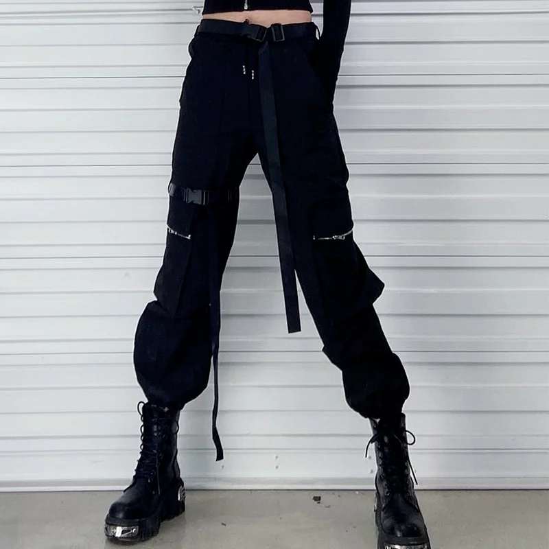 QWEEK Techwear Gothic Black Cargo Pants Women Mall Goth Streetwear Joggers Oversized Pockets Loose Trousers For Female Punk Kpop