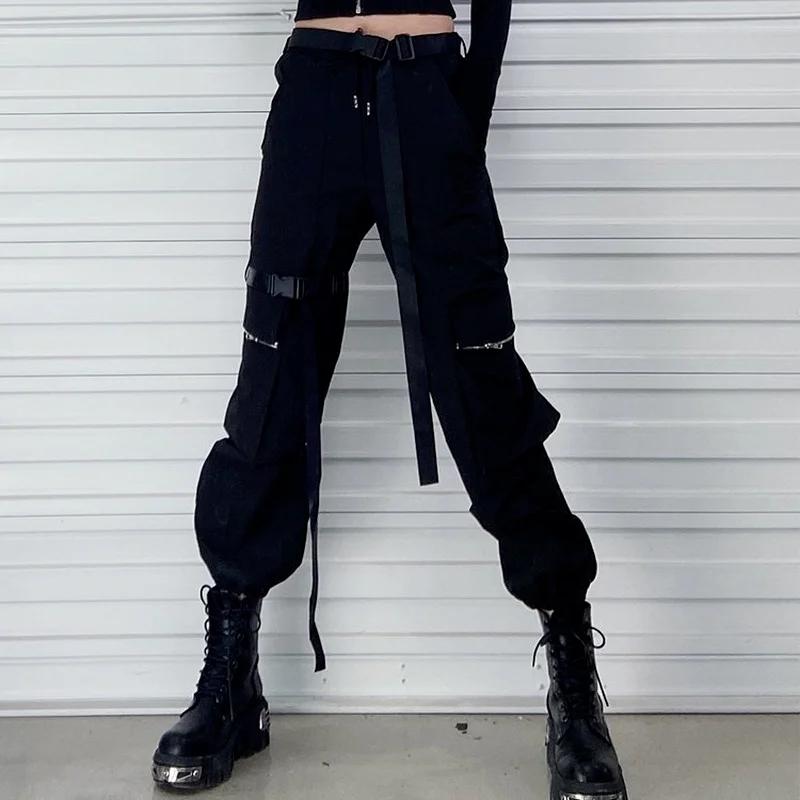 Женские черные брюки-карго QWEEK Techwear в готическом стиле женские уличные Джоггеры