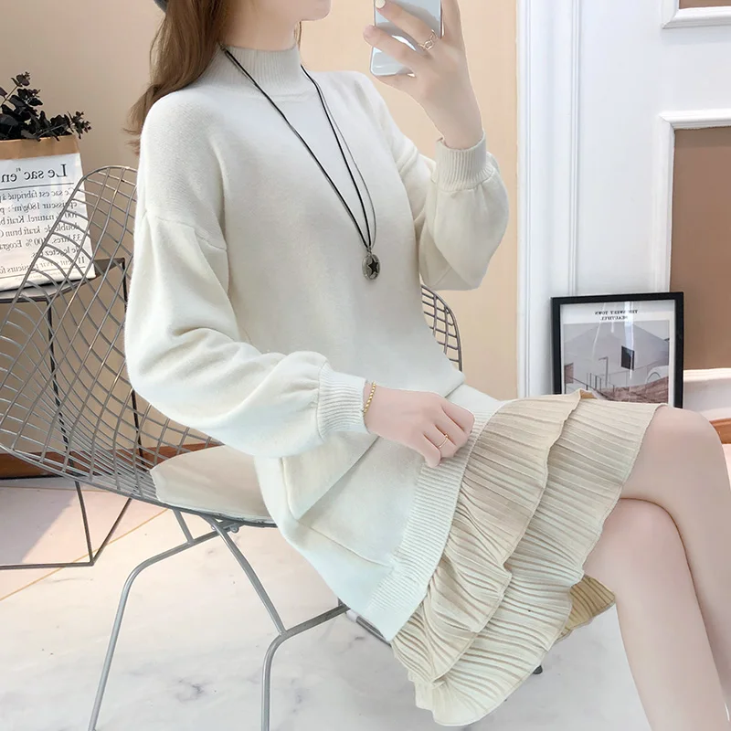 

2021 Women Sweaters Turtleneck Long-Sleeved Knitted Solid Ruffles Patchwork Lady Loose Elegant Sweater Female Outwear NS4680