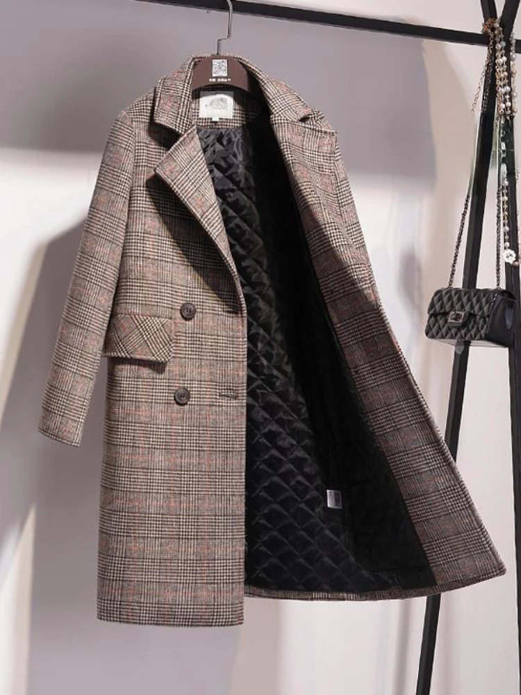 

Women's Coat Button Black Loose Houndstooth Women's Coat Vintage Long Sleeve Oversized Autumn Winter Thicken Women's Trench Coat