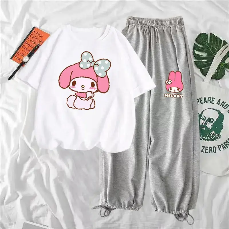 

Cute Sanrio Short-Sleeved Wide Leg Pants Suits Kuromi Accessories Kawaii Anime T-Shirt Tops Thin Section Suits Toy for Girl Gift