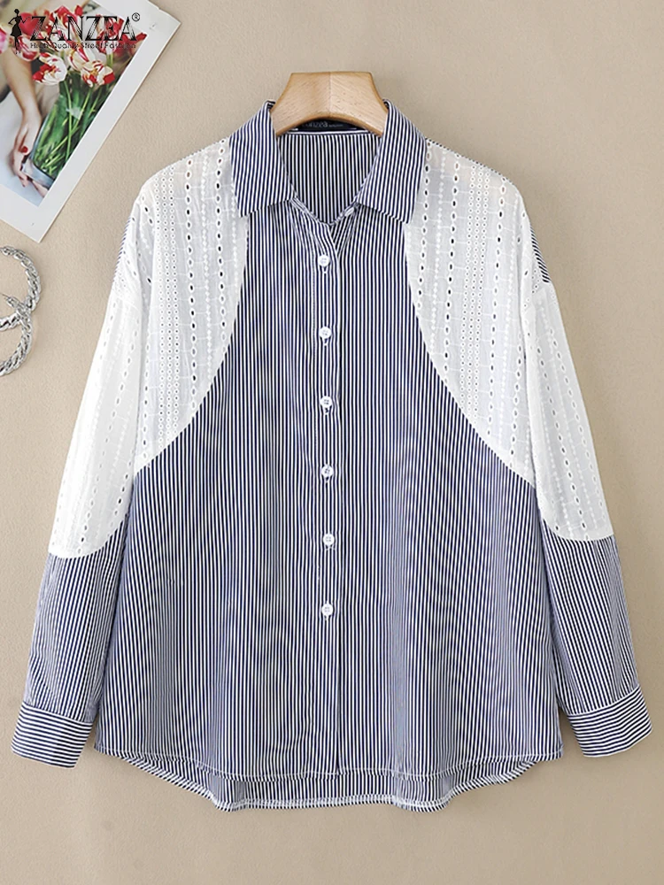 ZANZEA женские рубашки в полоску с принтом модные кружевные топы праздничные